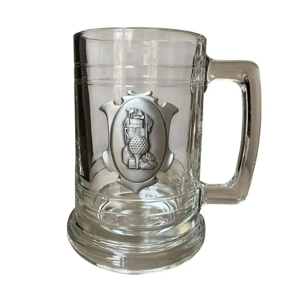 Clear Glass Beer Mug Stein with Pewter Golf Ball Clubs Sporting Motif